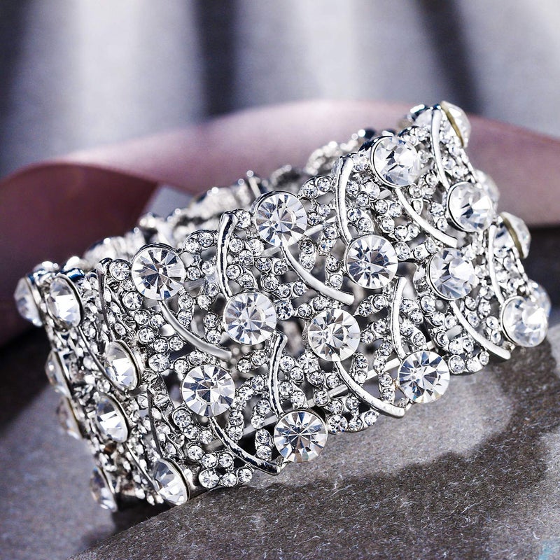 BriLove Women's Wedding Bridal Crystal Cluster Tennis Stretch Bracelet Clear Silver-Tone - Image 4